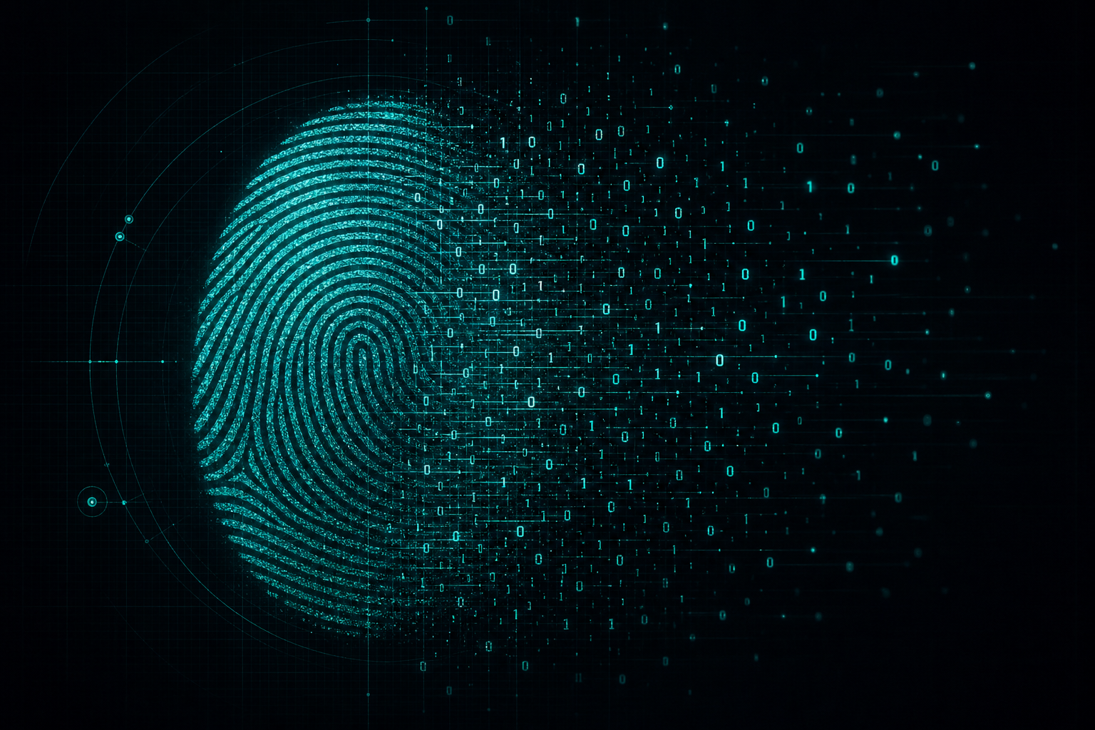 Authenticating AI-generated evidence under FRE 901, illustrated as a digital fingerprint of concentric ridges.