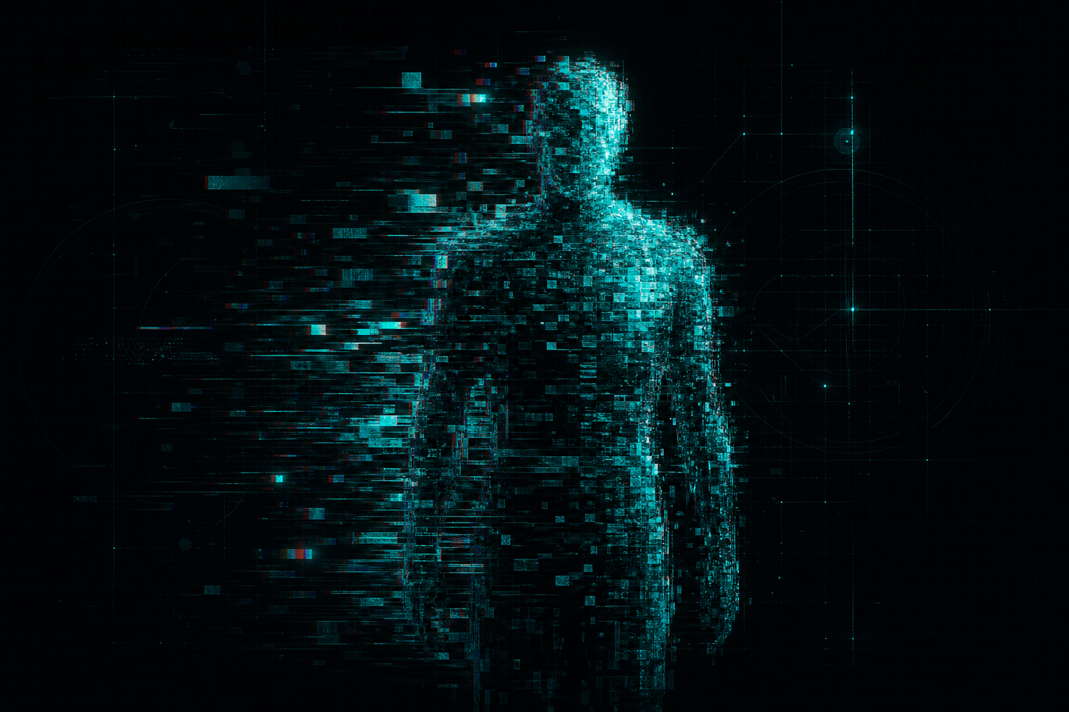 Deepfake evidence integrity shown as glitched, fragmented synthetic-media data blocks.