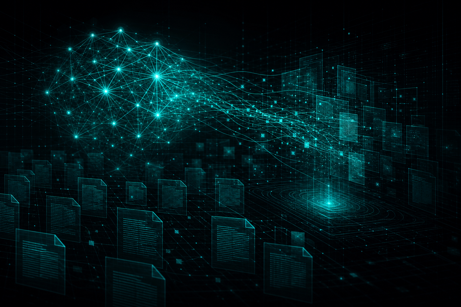 Generative AI in eDiscovery rendered as a neural network over a dark forensic grid.
