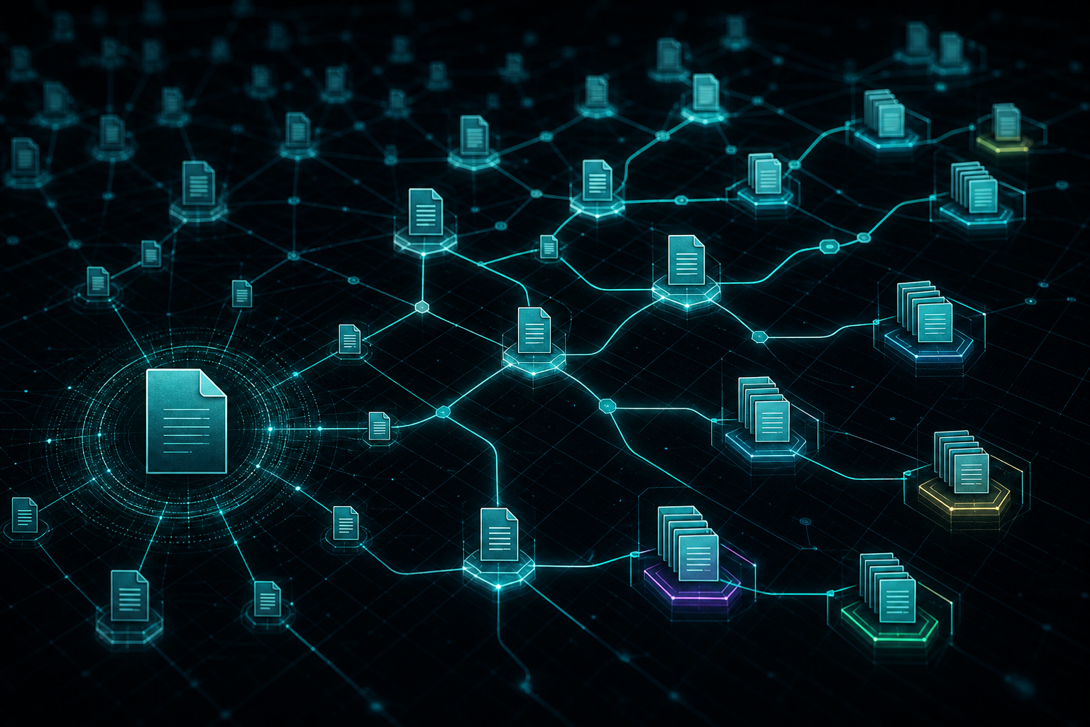 Technology-assisted review and predictive coding shown as a connected node graph of classified documents.